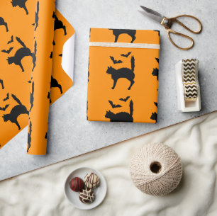 Papier Cadeau Halloween Chat Et Chats Silhouette Orange
