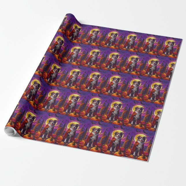 Papier Cadeau Halloween Chien Berger Australien Citrouille peur (Déroulé)