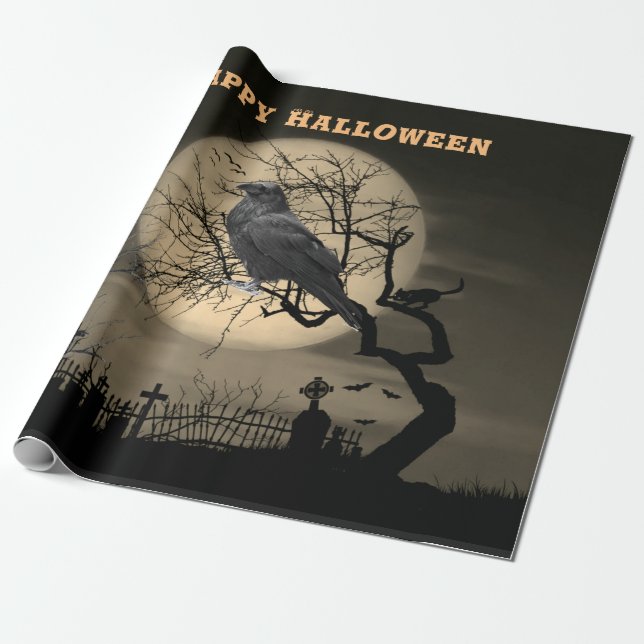 Papier Cadeau Halloween Éffrayant foncé avec corbeau (Déroulé)