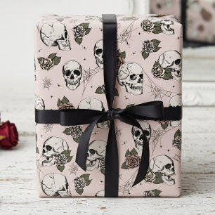 Papier Cadeau Halloween éffrayant rose floral petit crâne