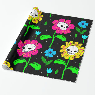 Papier Cadeau halloween floral crâne fleurs noir