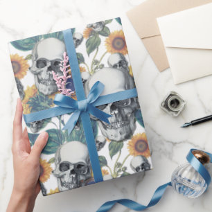 Papier Cadeau Halloween Gothique Crâne Tournesol