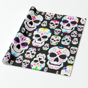 Papier Cadeau halloween gothique crânes de sucre noir