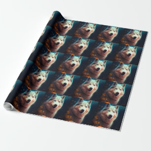 Papier Cadeau Halloween Husky Sibérien Avec La Peur Citrouille