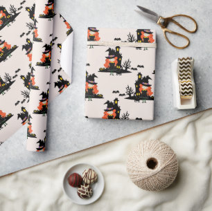 Papier Cadeau Halloween Maison de sorcière hantée Beige