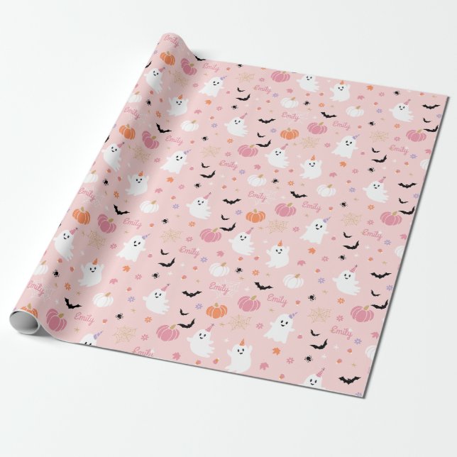 Papier Cadeau Halloween mignon Fantôme rose Avec Nom Personnalis (Déroulé)