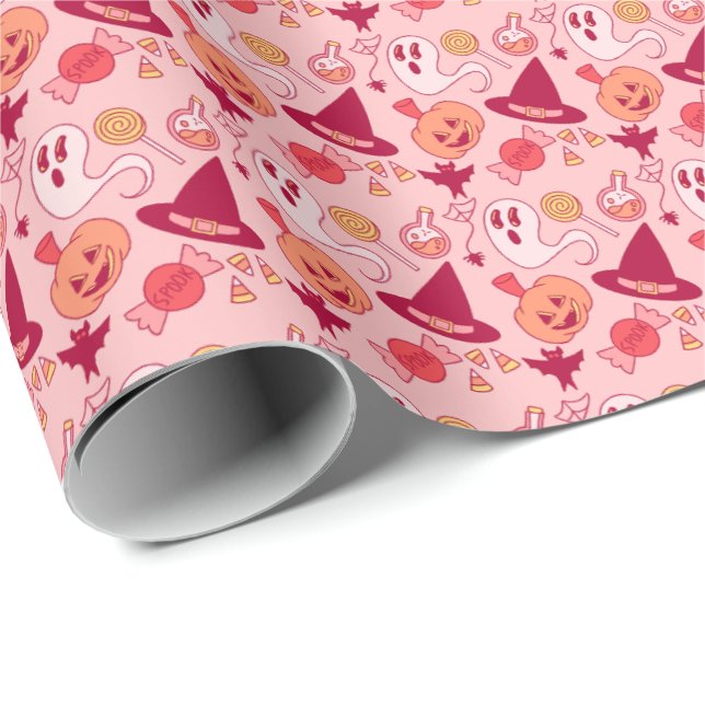 Papier Cadeau Halloween mignonne Pastel rose fille d'anniversair (Coin rond)