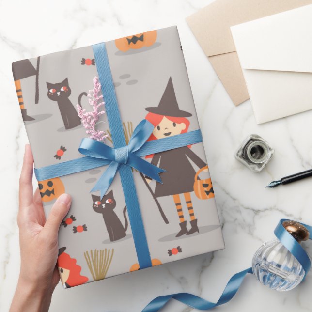 Papier Cadeau Halloween mignonne sorcière, Citrouille, Chat noir (Cadeaux)