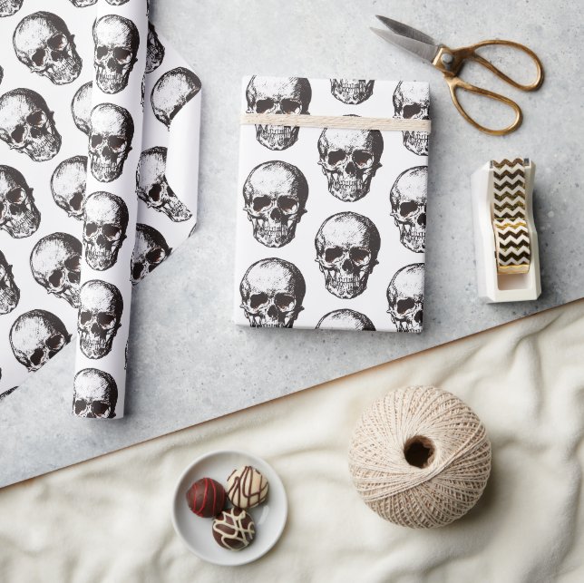 Papier Cadeau Halloween Motif crâne noir et blanc (Artisanat)