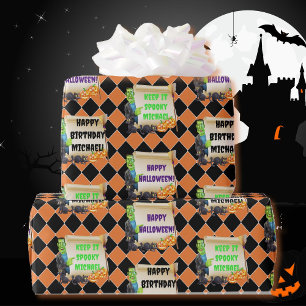 Papier Cadeau Halloween Nom des enfants Frankenstein Anniversair