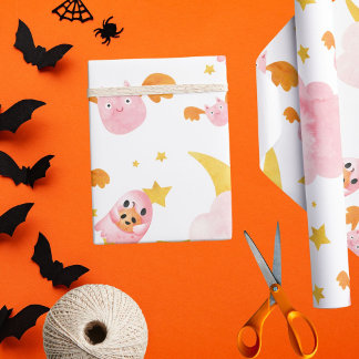 Papier Cadeau Halloween rose fantôme citrouille et chauves-souri