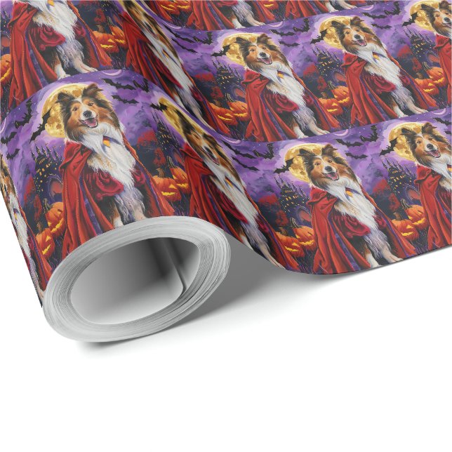 Papier Cadeau Halloween Rough Collie Vampire Citrouilles effroi (Coin rond)