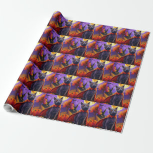 Papier Cadeau Halloween Russe Bleu Chat Vampire Citrouilles effr