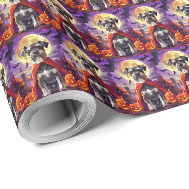 Papier Cadeau Halloween Schnauzer Vampire Citrouilles peur (Coin rond)