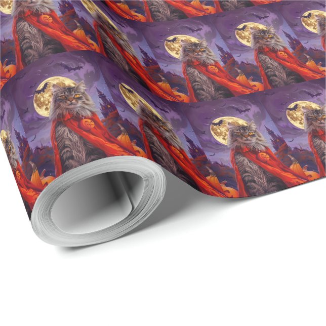 Papier Cadeau Halloween Sibérie Chat Vampire Citrouilles effroi (Coin rond)