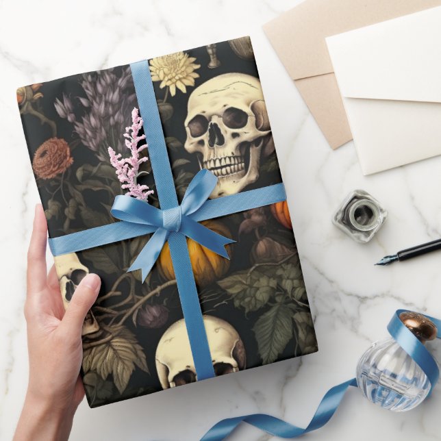 Papier Cadeau Halloween Skuls botaniques et Citrouille (Cadeaux)