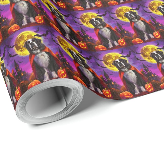 Papier Cadeau Halloween Terre-Neuve Vampire Citrouilles effroi (Coin rond)