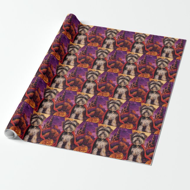 Papier Cadeau Halloween Tibétain Terrier Vampire Citrouilles peu (Déroulé)