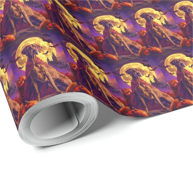 Papier Cadeau Halloween Vizsla Vampire Citrouilles effroi (Coin rond)