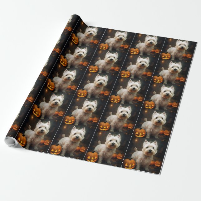 Papier Cadeau Halloween West Highland White Terrier Citrouilles (Déroulé)