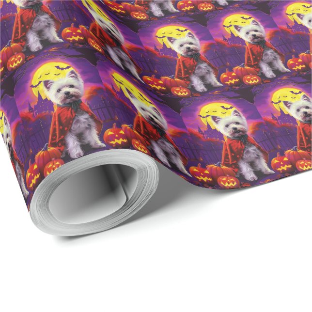Papier Cadeau Halloween West Highland White Terrier Effrayant (Coin rond)