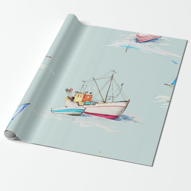 Papier Cadeau hand drawn watercolor sailboat illustrationsailboa (Déroulé)
