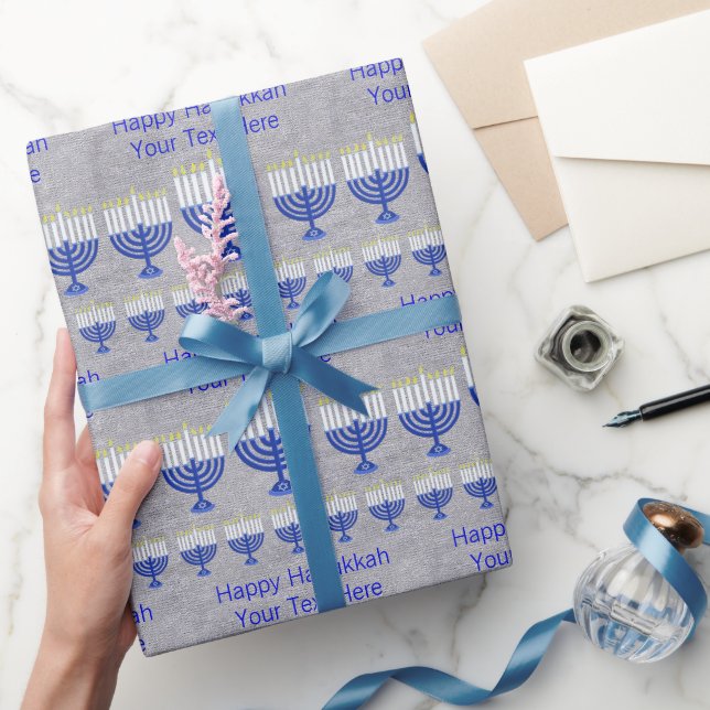 Papier Cadeau Hanoukka bleu foncé Menorah argent personnalisé (Cadeaux)