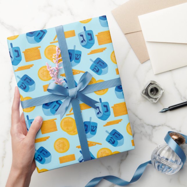 Papier Cadeau Hanoukka Dreidel Game Gelt Bleu foncé (Cadeaux)