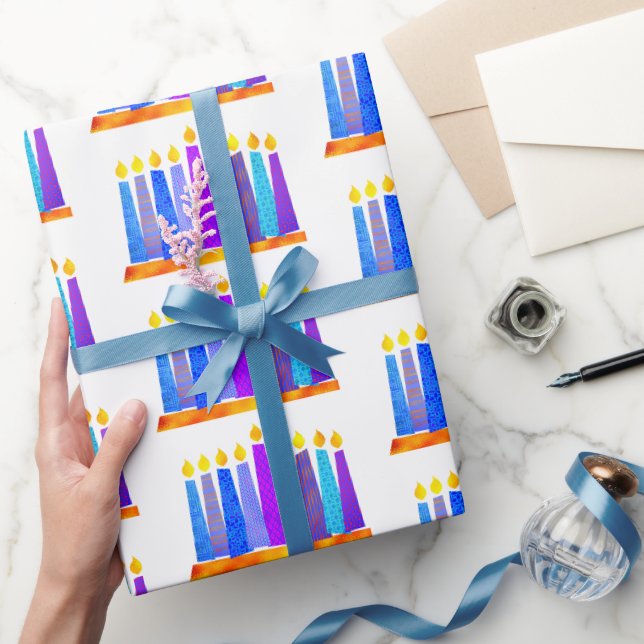 Papier Cadeau Hanoukka Fun Artsy Blue Boho Motif bougies Blanc (Cadeaux)