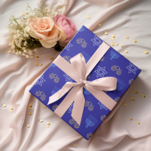 Papier Cadeau Hanoukka Gold Dreidel Star de David Menorah Blue