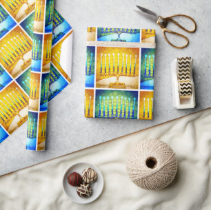 Papier Cadeau Hanoukka Moderne Chic Yellow Blue Menorahs Motif