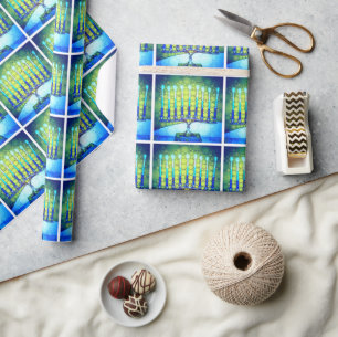 Papier Cadeau Hanoukka moderne tendance bleu vert Menorah Motif