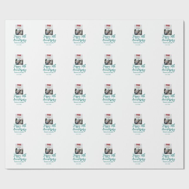 Papier Cadeau Happy 50th anniversary photo turquoise bow name da (Plat)