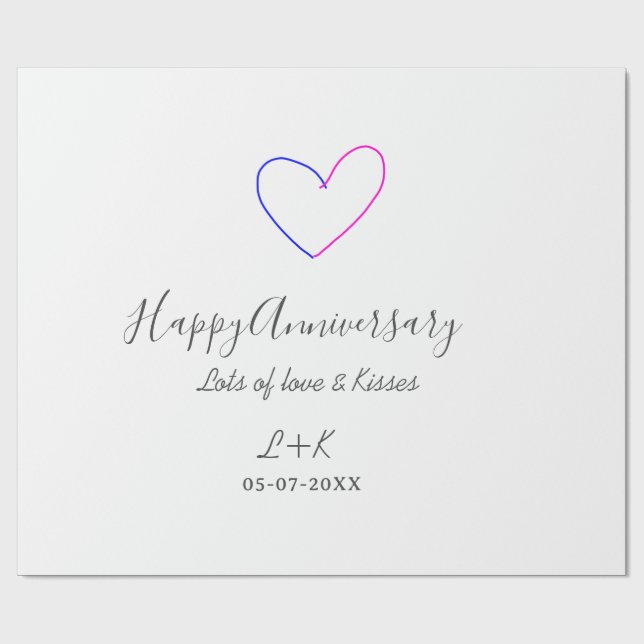 Papier Cadeau Happy anniversary pink blue heart name date simple (Plat)