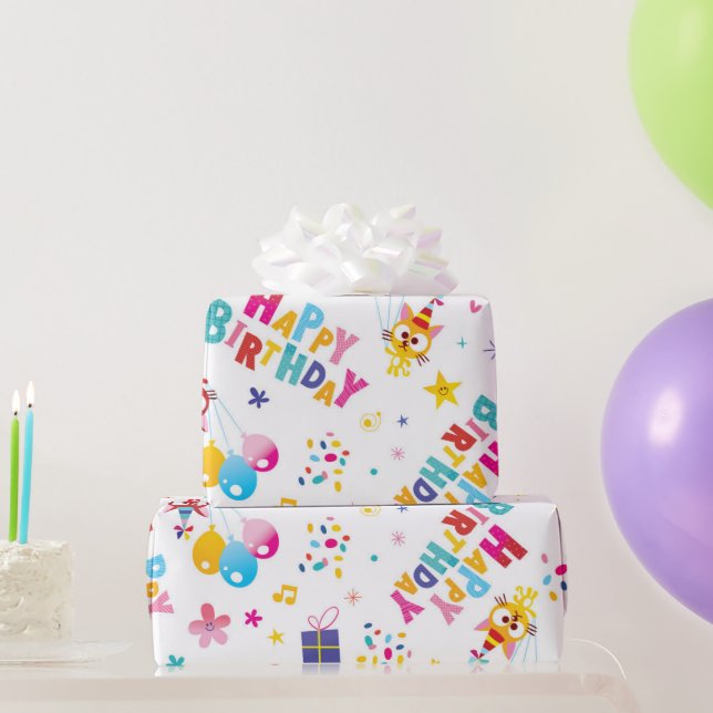 Papier Cadeau Happy Birthday Cat Party  (Cadeaux de fête)