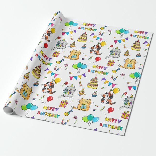 Papier Cadeau Happy Birthday Cats papier d'emballage par Nicole  (Déroulé)