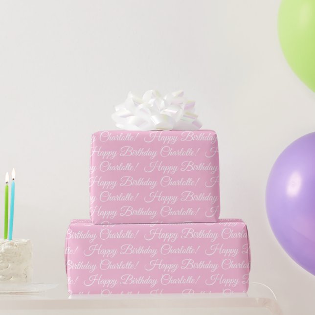 Papier Cadeau Happy Birthday elegant script custom name pink (Cadeaux de fête)