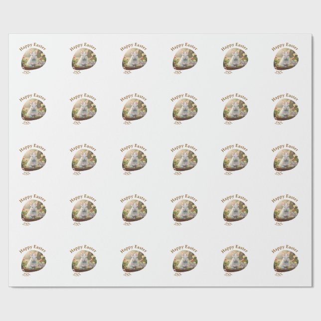 Papier Cadeau Happy Easter white bunny year photo family name  (Plat)