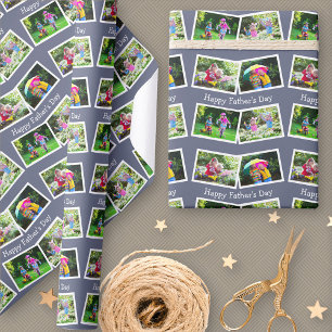 Papier Cadeau Happy Fête des pères 4 Photo Collage Motif Bleu