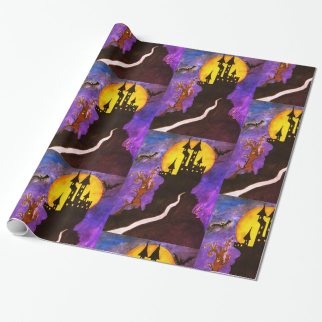 Papier Cadeau Happy Halloween Castle Wrapper Papier (Déroulé)