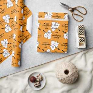 Papier Cadeau Happy Halloween Ghost Bat Orange
