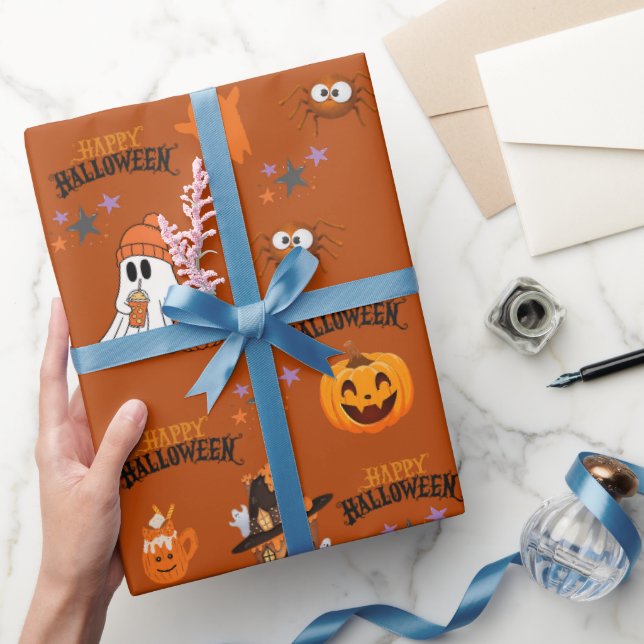 Papier Cadeau Happy Halloween mignon Citrouille fantôme (Cadeaux)