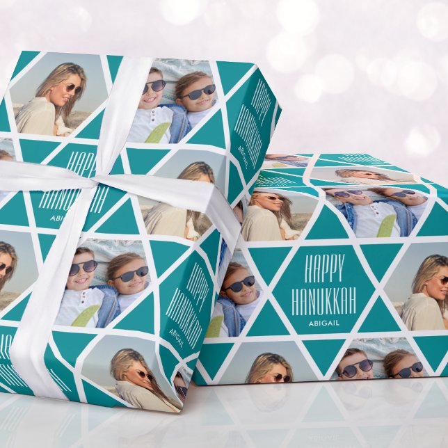 Papier Cadeau Happy Hanoukka Name Photos Star Motif Turquoise (Créateur téléchargé)