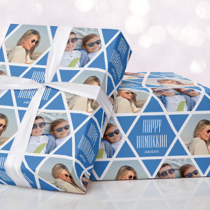 Papier Cadeau Happy Hanoukka Nom & Photos Star Motif Blue