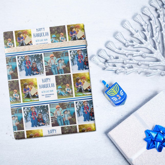 Papier Cadeau Happy Hanoukka Photo Collage Beau bleu personnalis (Créateur téléchargé)