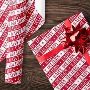 Papier Cadeau Happy Holidays police festive blanc rouge