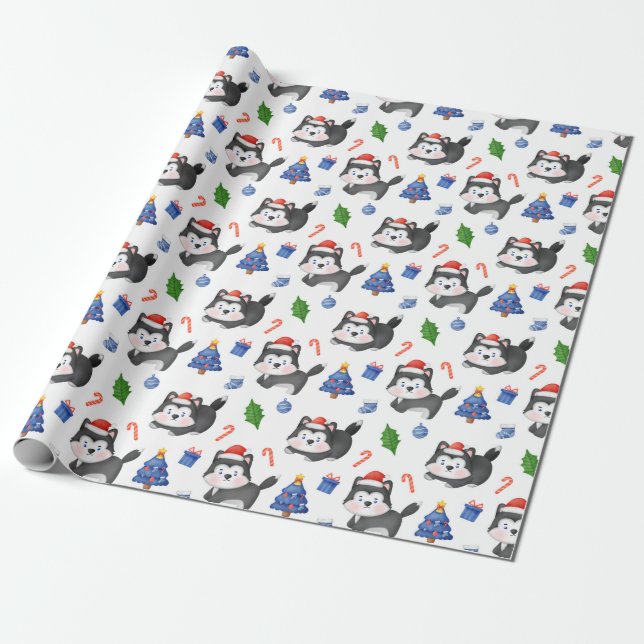 Papier Cadeau Happy Husky Motif de Noël (Déroulé)