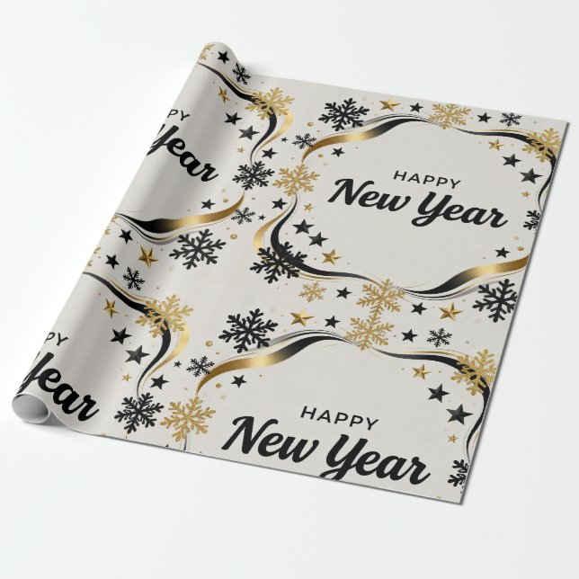 Papier Cadeau Happy New Year Black and Gold Snowflake  (Déroulé)