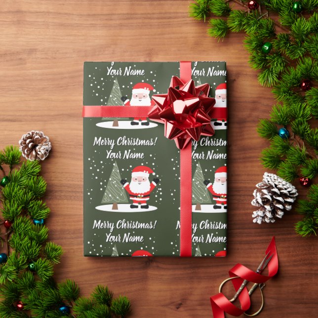 Papier Cadeau Happy Santa Claus cartoon with Christmas tree kids (Cadeau de vacances)