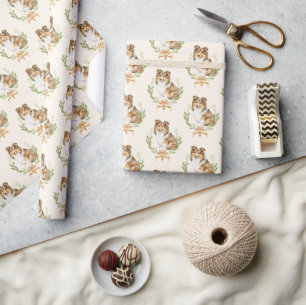 Papier Cadeau Happy Sheltie Laurel Branch Wreath